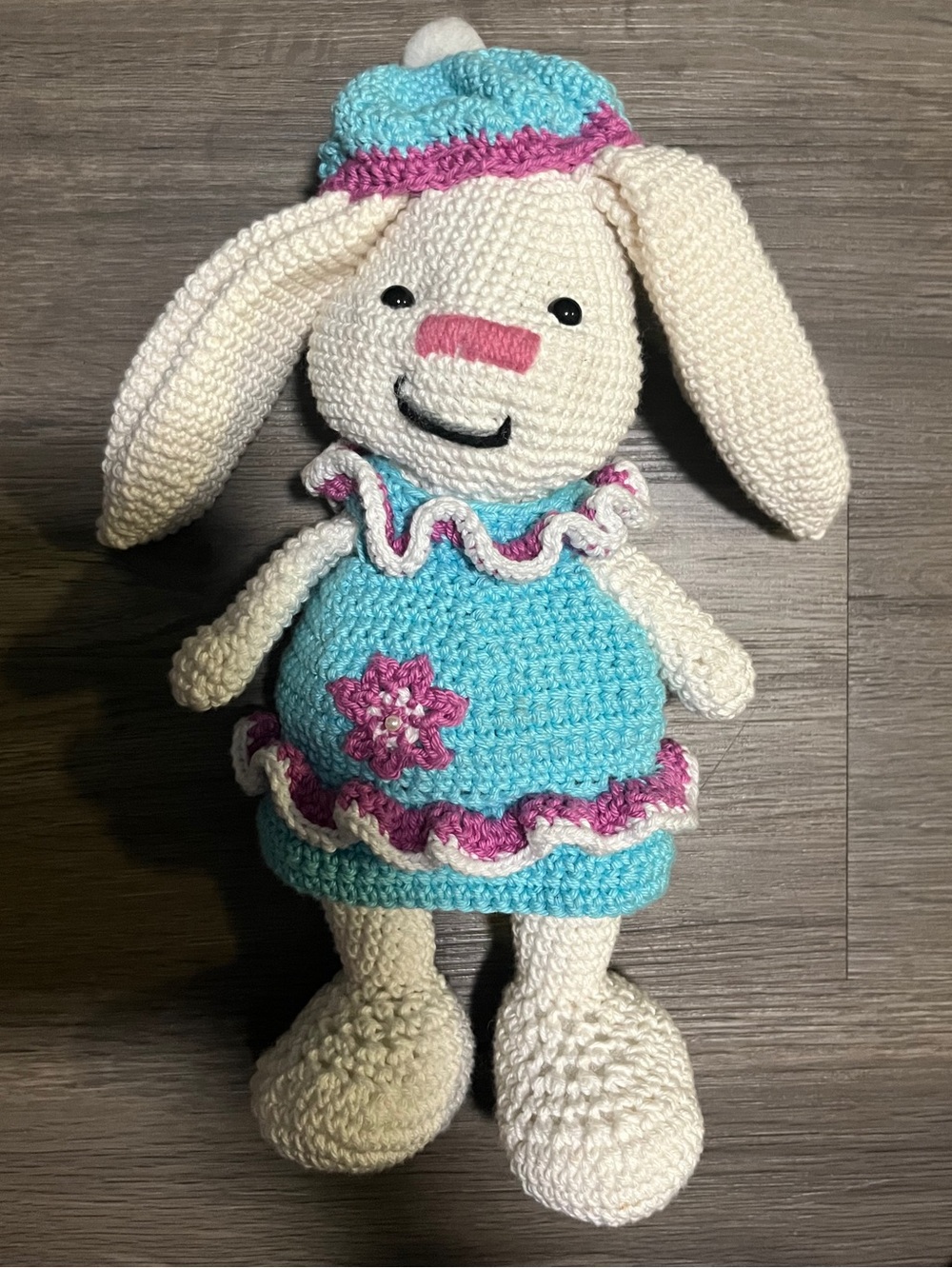 Hand made bunny rabbit stuffy detaled off white blue pink outfit 12"